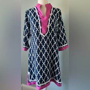 escapada Navy and White Geometric Tunic Dress with Pink Trim